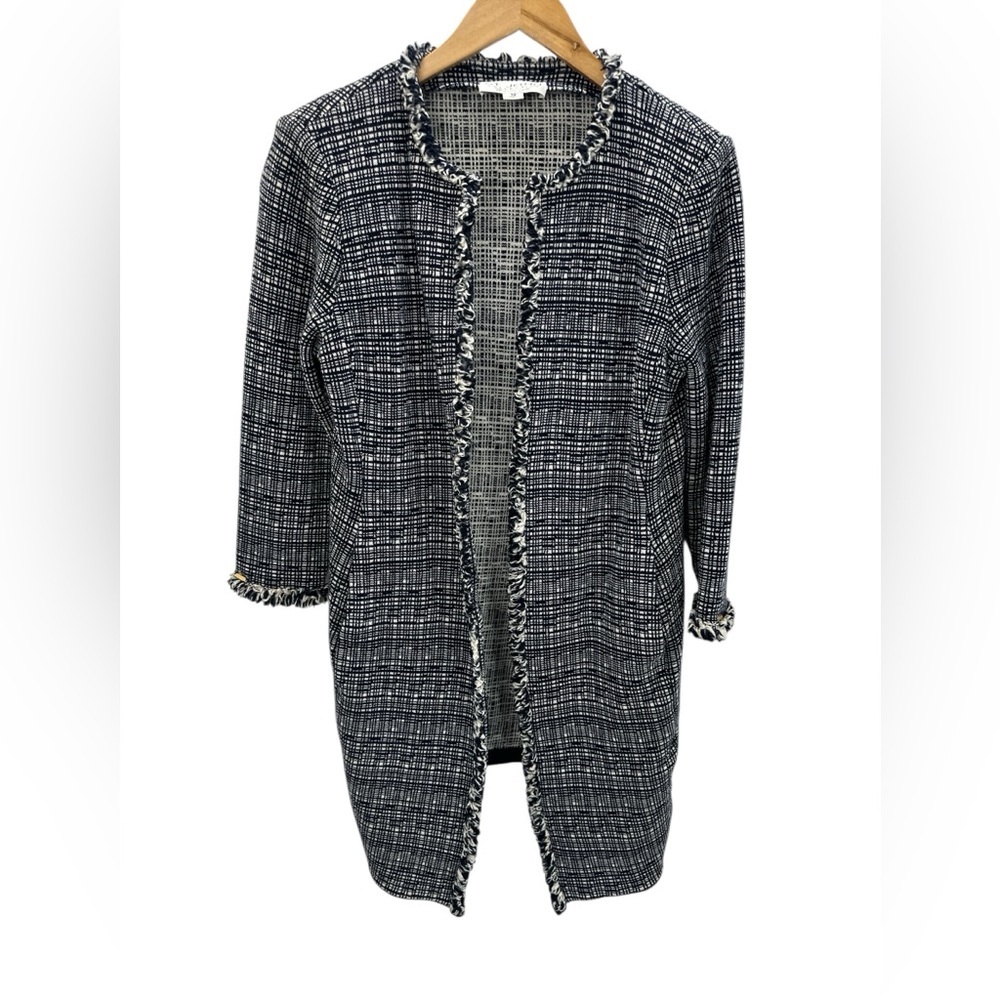 St. John Collection Longline Tweed Open Front Jacket Fringe Trim Blue White 12